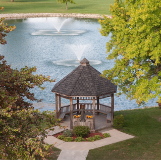 Aerial shot of gazebo and pond